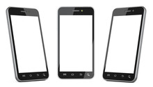 Black Smartphone With Blank Screen Left, Right And Front View.