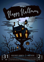 Happy Halloween Party Poster With Spooky Castle On Tree In Mystic Forest At Night Under Full Moon. Cartoon Vector Illustration. Halloween Background With Haunted House On Hill, Pumpkin And Flying Bats