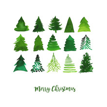 Watercolor Vector Illustration Of Christmas Trees. Merry Christmas And Happy New Year Greeting Card.