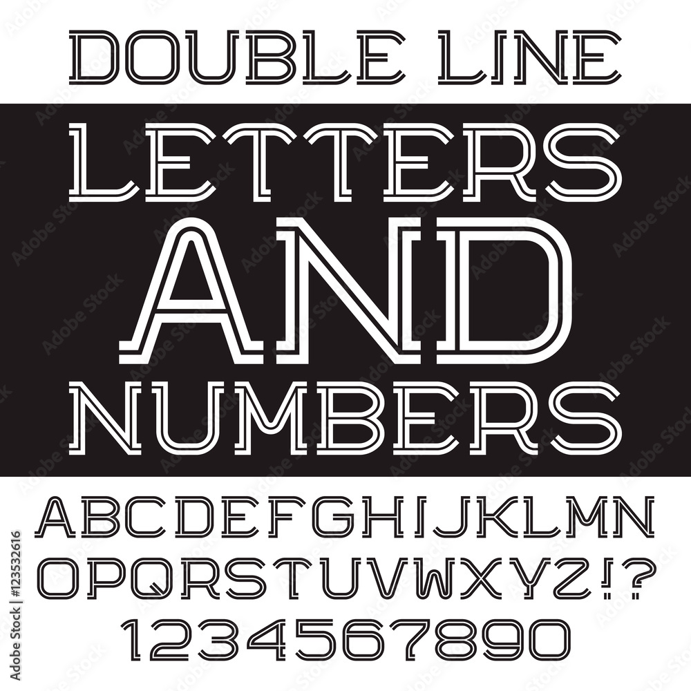 Black white strip letters and numbers. Double line flat font. Isolated ...