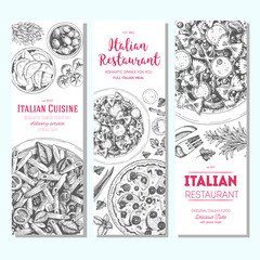 Wall Mural - Italian food vintage design template. Vertical banners set. Vector illustration hand drawn linear art. Italian Cuisine restaurant menu. Hand drawn sketch vector banners.