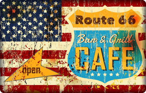 route 66 cafe sign, stars and stripes, retro style, grungy Poster