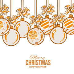 Orange Christmas balls with ribbon and bows, vector greeting card template. Set of gold Christmas decoration balls, solid, striped and with a snowflake, New Year greeting card template