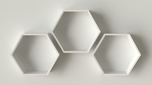 Empty White Hexagons Shelves On Concrete Wall Background, 3D Rendering
