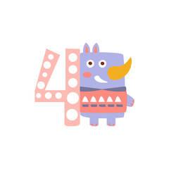 Sticker - Rhinoceros Standing Next To Number Four Stylized Funky Animal