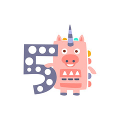 Poster - Unicorn Standing Next To Number Five Stylized Funky Animal