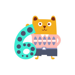 Sticker - Bear Standing Next To Number Six Stylized Funky Animal