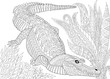 Stylized cartoon crocodile (alligator), jungle foliage. Freehand sketch for adult anti stress coloring book page with doodle and zentangle elements.
