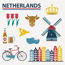 Netherlands Icon Set In Flat Style. Holland And Amsterdam Symbols: Wind Mill, Tulips, Bicycle, Beer. Template For Travel And Souvenir Design. Colorful Vector Illustration.