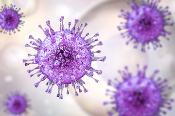 Poster - Cytomegalovirus CMV, a DNA virus from Herpesviridae family on a background with giant cells. 3D illustration. CMV mostly causes diseases in newborns and immunocompromised patients