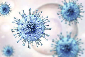 Cytomegalovirus CMV, a DNA virus from Herpesviridae family on a background with giant cells. 3D illustration. CMV mostly causes diseases in newborns and immunocompromised patients