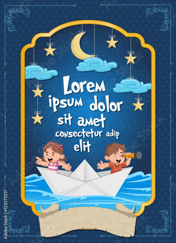 Poster with kids inside a paper boat at night. Sky with moon, stars and cloud...