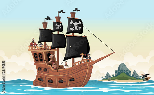 Group of cartoon pirates on a ship at the sea