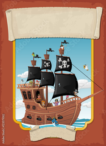 Poster with cartoon pirates on a ship at the sea. Banner with ribbons.