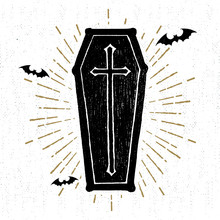 Hand Drawn Halloween Icon With A Textured Coffin Vector Illustration.