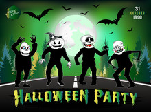 Invitation To A Halloween Party, Zombies Are On The Road, Illustration, Poster, Greeting Card On A Green Background.