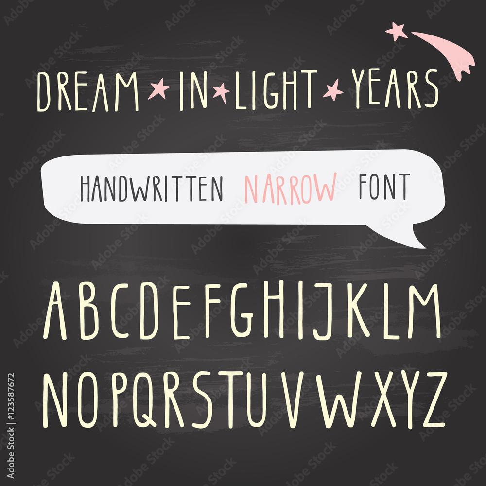Hand drawn narrow font on chalkboard. Tall alphabet. Doodle handwritten ...