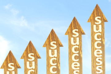 Business concept Success text on wooden arrow in sky background