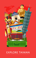 Wall Mural - Explore Taiwan banner with famous traditional and modern asian buildings in open suitcase, vector illustration. Time to travel concept. Road trip. Taiwan landmarks. Asian architecture in flat design.