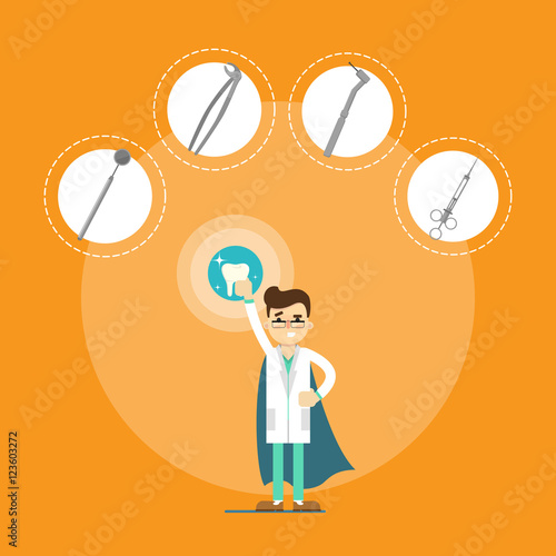 Male Cartoon Dentist In Medical Uniform And Superhero Blue Cape