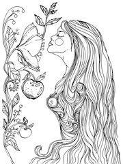 hand drawn ink doodle girls face and flowing hair on white background. design for adults, poster, print, t-shirt, invitation, banners, flyers. sketch. vector eps 8.