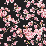 Seamless pattern with cherry blossoms. Watercolor illustration.