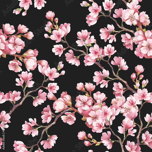 Stoffe zum Nähen Nahtlose Muster mit Kirschblüten. Aquarell Bild.