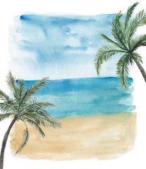 Hand painted with watercolor Palm and tropical beach background