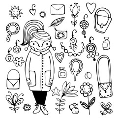 Wall Mural - Set of cute cartoon girl. Monochrome vector illustration.