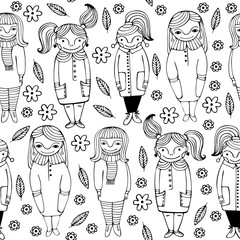 Wall Mural - Set of cute cartoon girls.Monochrome vector seamless pattern.