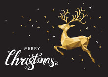 Christmas Low Poly Triangle  Gold  Deer And Lettering.