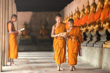 Novices At Ayutthaya Historical Park In Thailand