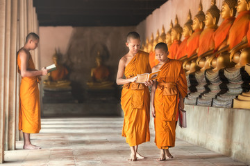 novices at ayutthaya historical park in thailand
