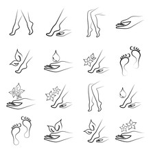 Body Skin Spa Beauty Foot Leg Hand Care Beauty Massage Salon Thin Line Black Vector Icons Set 