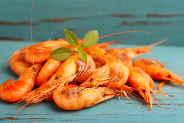 small shrimp (crustaceans) in a blue background. traditional Odessa cuisine