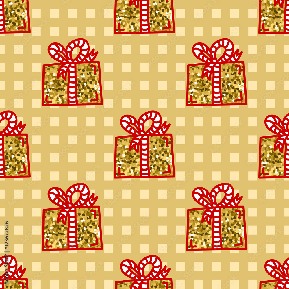 Gift box with ribbon, golden vector seamless pattern. Hand drawn ...