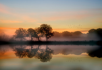 stunning vibrant autumn foggy sunrise english countryside landsc