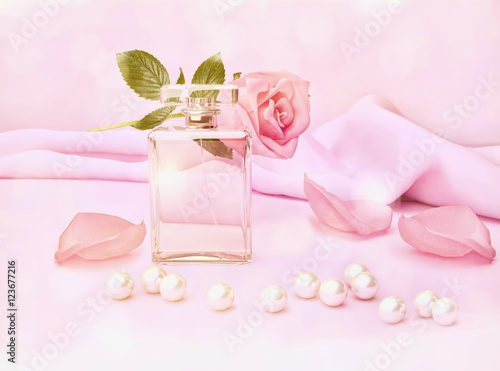 Perfume Bottle And Flower Rose Petals And Pearls On Pink Silk Buy This Stock Illustration And Explore Similar Illustrations At Adobe Stock Adobe Stock