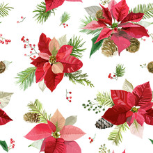 Vintage Poinsettia Flowers Background - Seamless Christmas Pattern