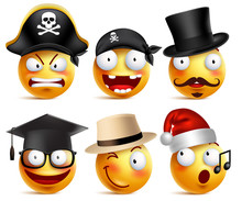 Smiley Face Vector Set Of Funny Toothless Pirate, Magician, Graduate And Santa Claus With Hats Isolated In White. Vector Illustration.
