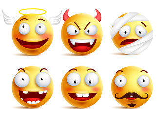 Wall Mural - Set of vector smileys with funny faces like angel, demon, patient, injured and toothless smiley isolated in white background. Vector illustration.
