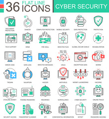 Wall Mural - Vector Cyber security modern color flat line outline icons for apps and web design.
