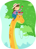 Fototapeta Dinusie - Stickman Kid Girl Pick Fruits Dinosaur