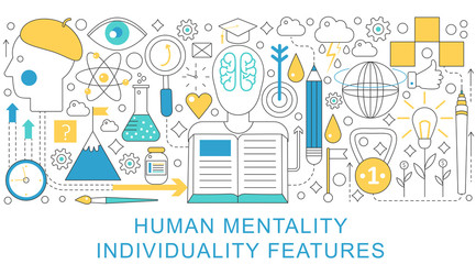 Poster - Vector elegant thin line flat modern Human mentality and individuality concept. Website header banner elements layout. Presentation, flyer and poster.