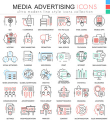 Poster - Vector Media advertising ultra modern color outline line icons for apps and web design.