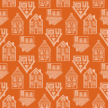 Gingerbread Houses. Seamless Pattern With Gingerbread House. Cute Christmas Background. Brown Colors.