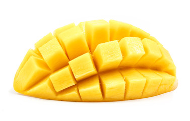 Wall Mural - mango slice cut to cubes close up isolated