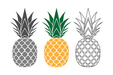 Wall Mural - pineapple with leaf icons set. tropical fruits isolated on white background. symbol of food, sweet, 