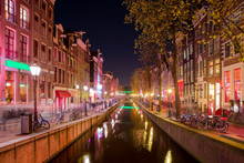 Red Light District In Amsterdam, Netherlands At Night. Nightlife