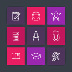 Poster - school line icons, education, study, college, physics, biology, geometry, reading, arts